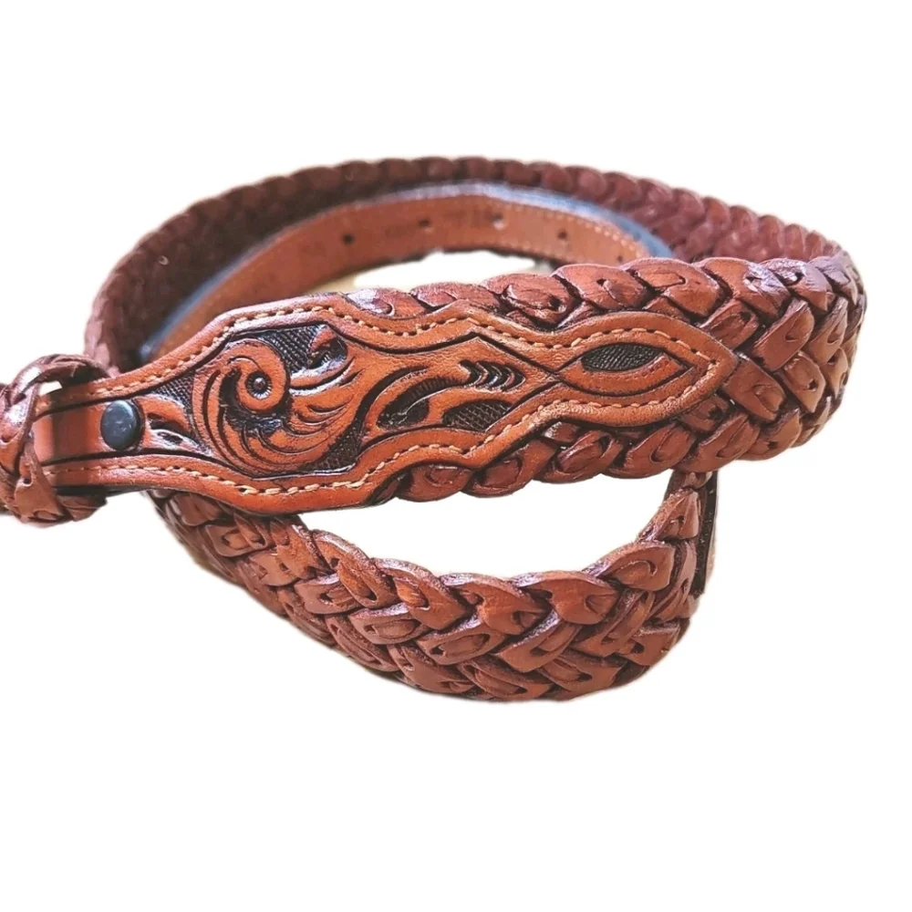 Vtg Nocona Hand Crafted Braided Brown Leather Belt Sz 34 Western Etched Buckle